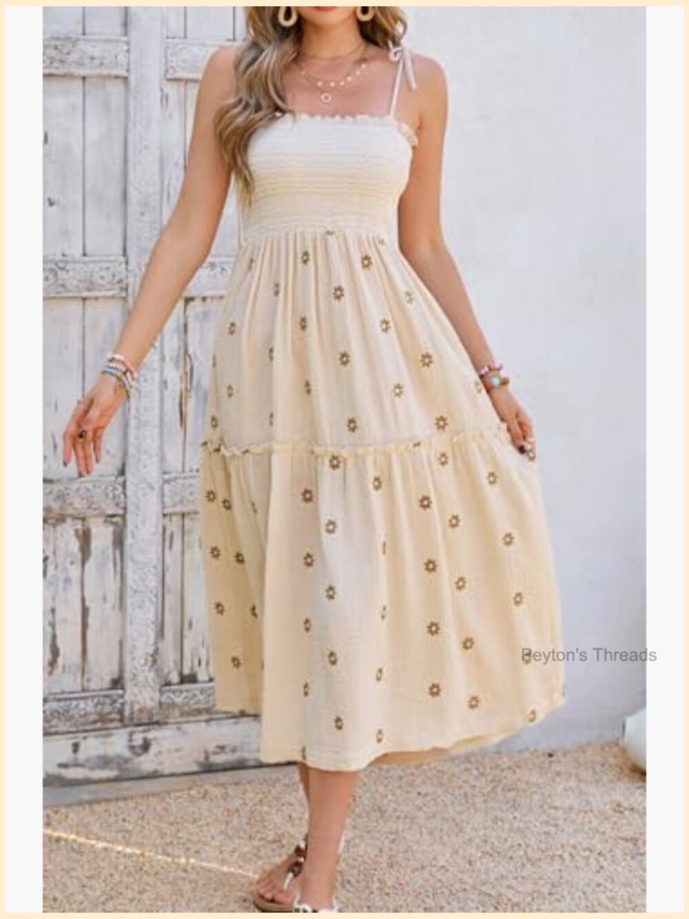 100% Cotton Square Neck Sleeveless Midi Dress with Tie Shoulders and Floral - Picture 3 of 7